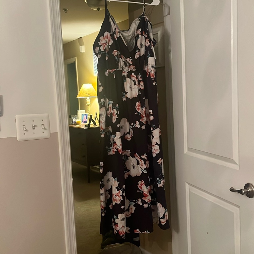 Floral black dress spaghetti strapped off the shoulder and tiny slit on side